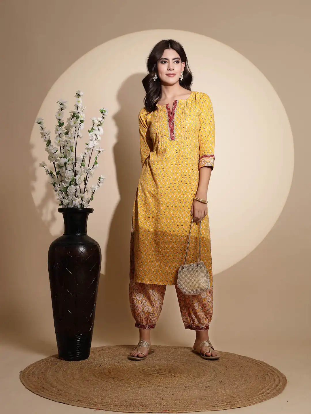 Yellow Embellished Three Fourth Sleeve V Neck Cotton Kurta Set - Global Republic