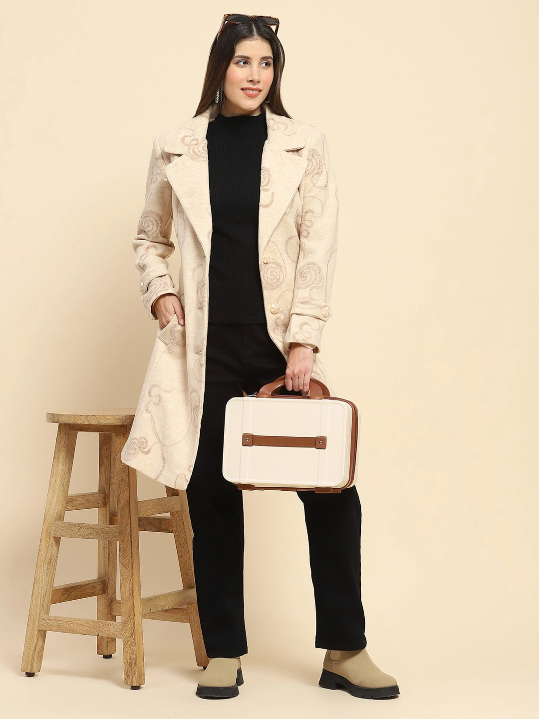 Beige Self Design Long Winter Coat