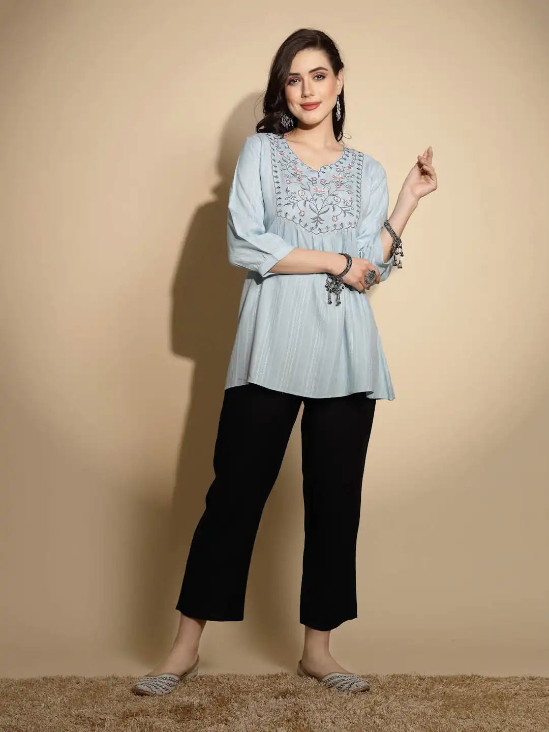 Grey Embroidered Three Quarter Sleeves V-Neck Cotton Blend Tunic - Global Republic