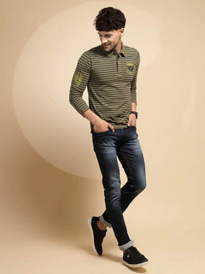 Green Striped Three Fourth Sleeve Polyester T-Shirt