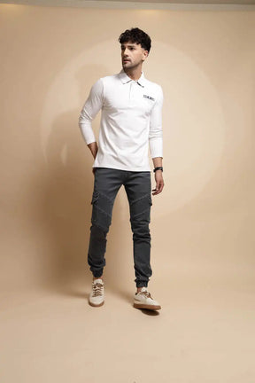 Solid White Full Sleeve Collared Neck Regular fit T-Shirt