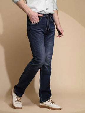 Solid Blue Mid Rise Straight fit Jeans