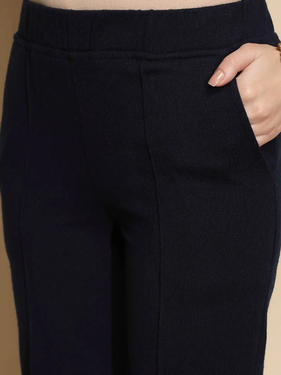 Solid Navy Cotton Mid Rise Ankle Length Pants - Global Republic