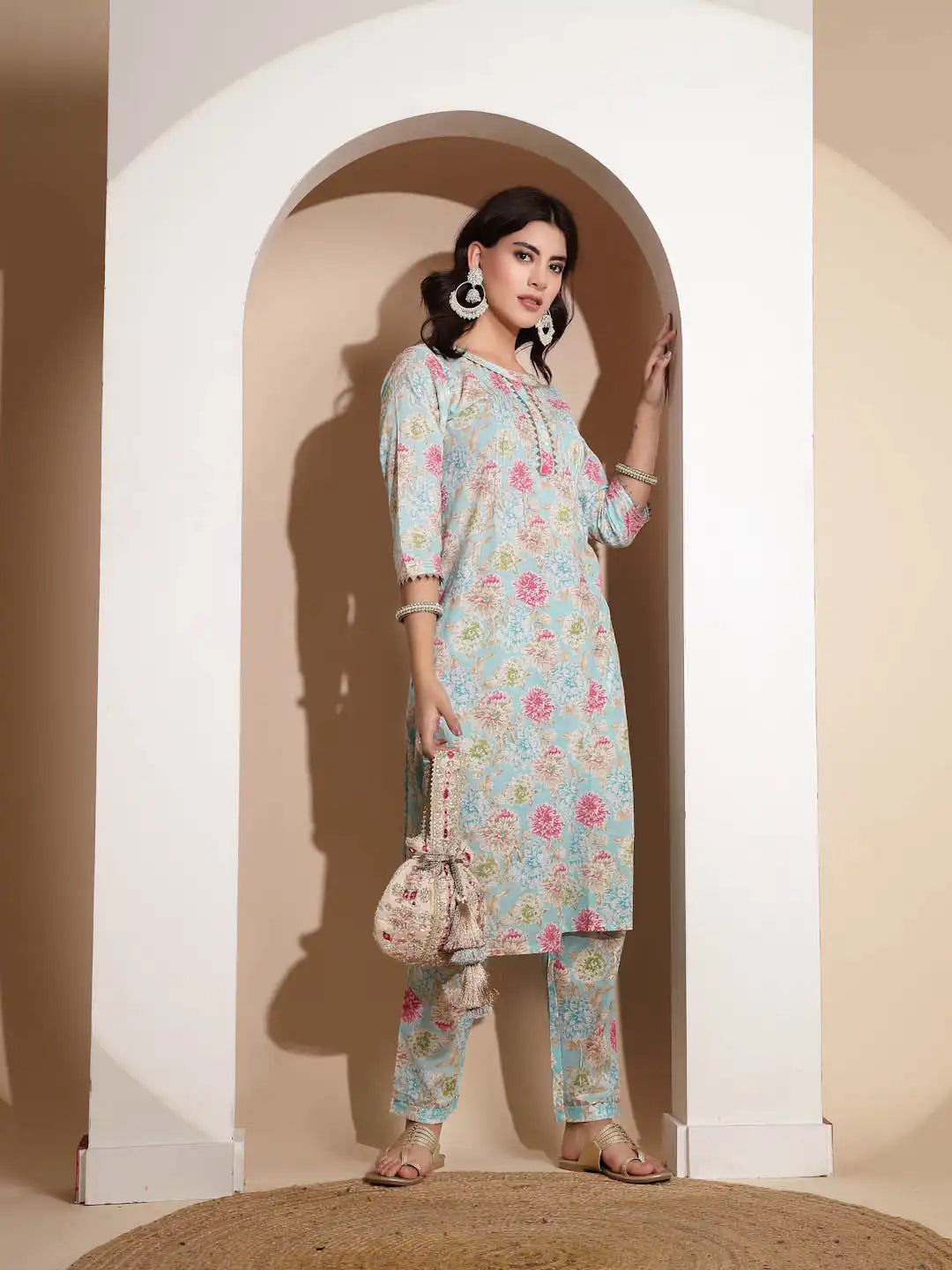 Blue Floral Printed Cotton Kurta Set - Global Republic