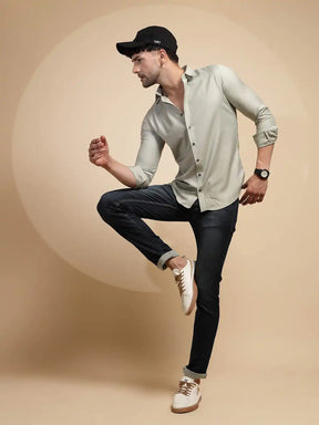 Grey Solid Full Sleeve Collared Neck Cotton Blend Shirt