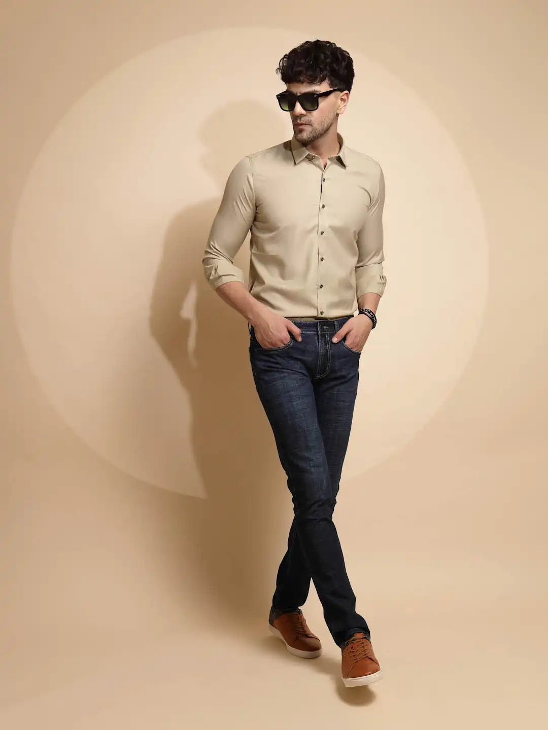 Dark Blue Solid Cotton Blend Jeans - Global Republic