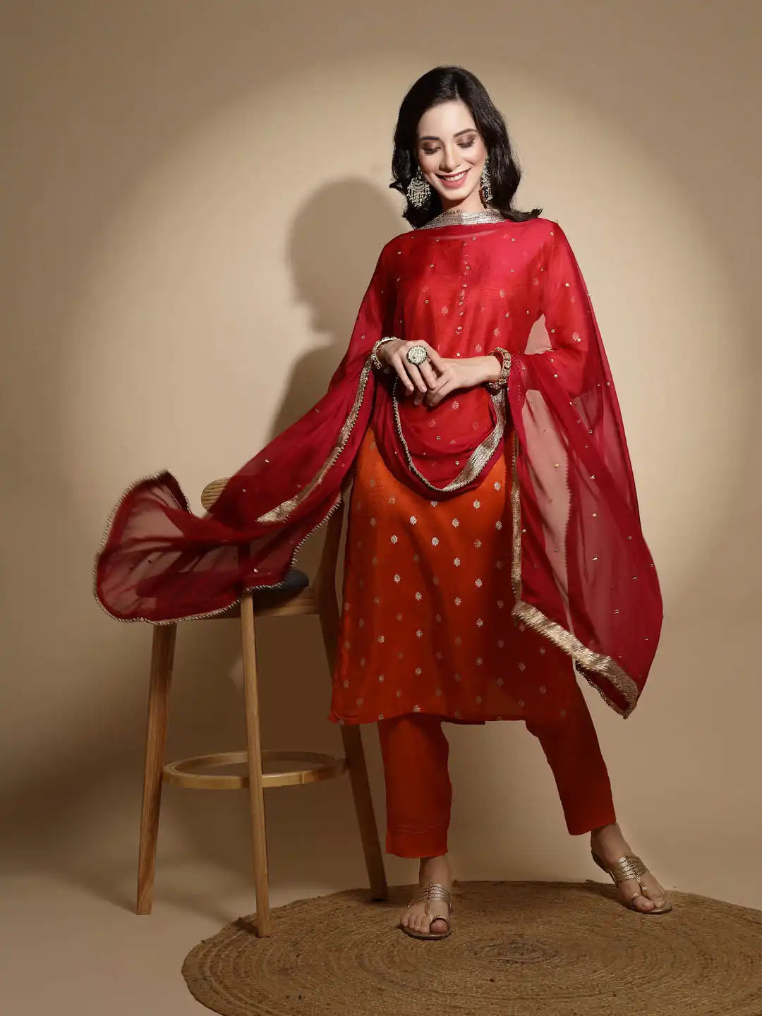Orange Foil Printed Silk Kurta Bottom Set With Organza Dupatta - Global Republic