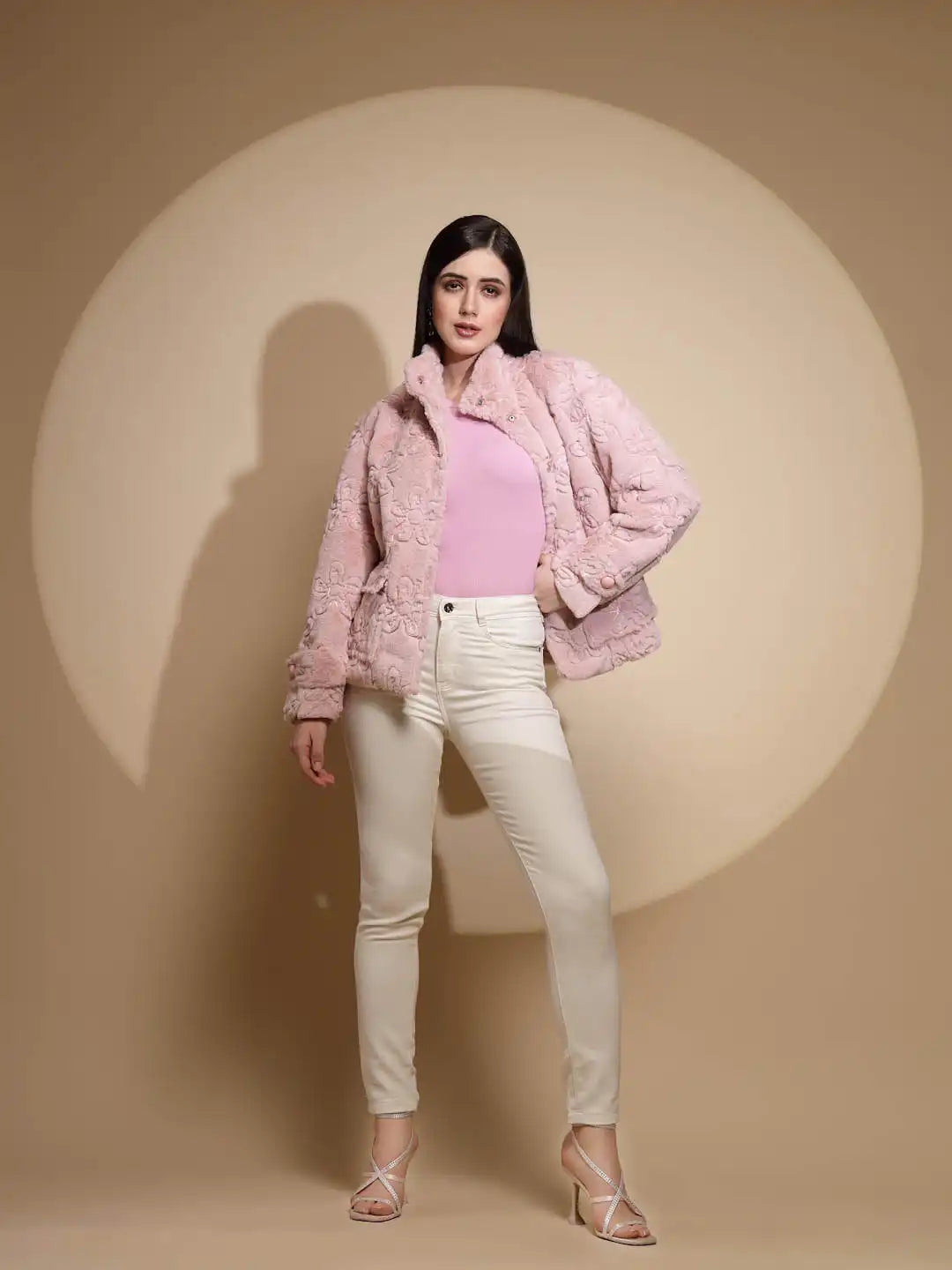 Dusty Pink Embroidered Full Sleeve Turtle Neck Woolen Jacket