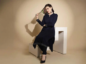 Navy Blue Abstract Print Full Sleeves Collared With V-Neck Woolen Kurta