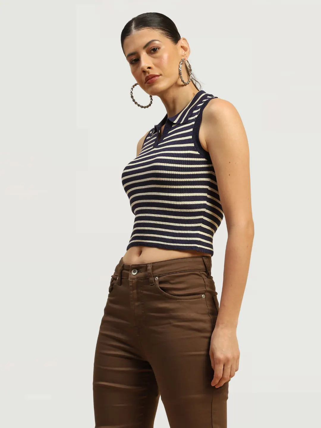 Navy Viscose Striped Slim Crop Top - Global Republic