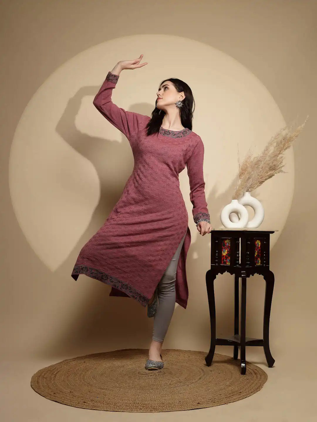 Pink Embellished Full Sleeve Crew Neck Woolen Kurta - Global Republic