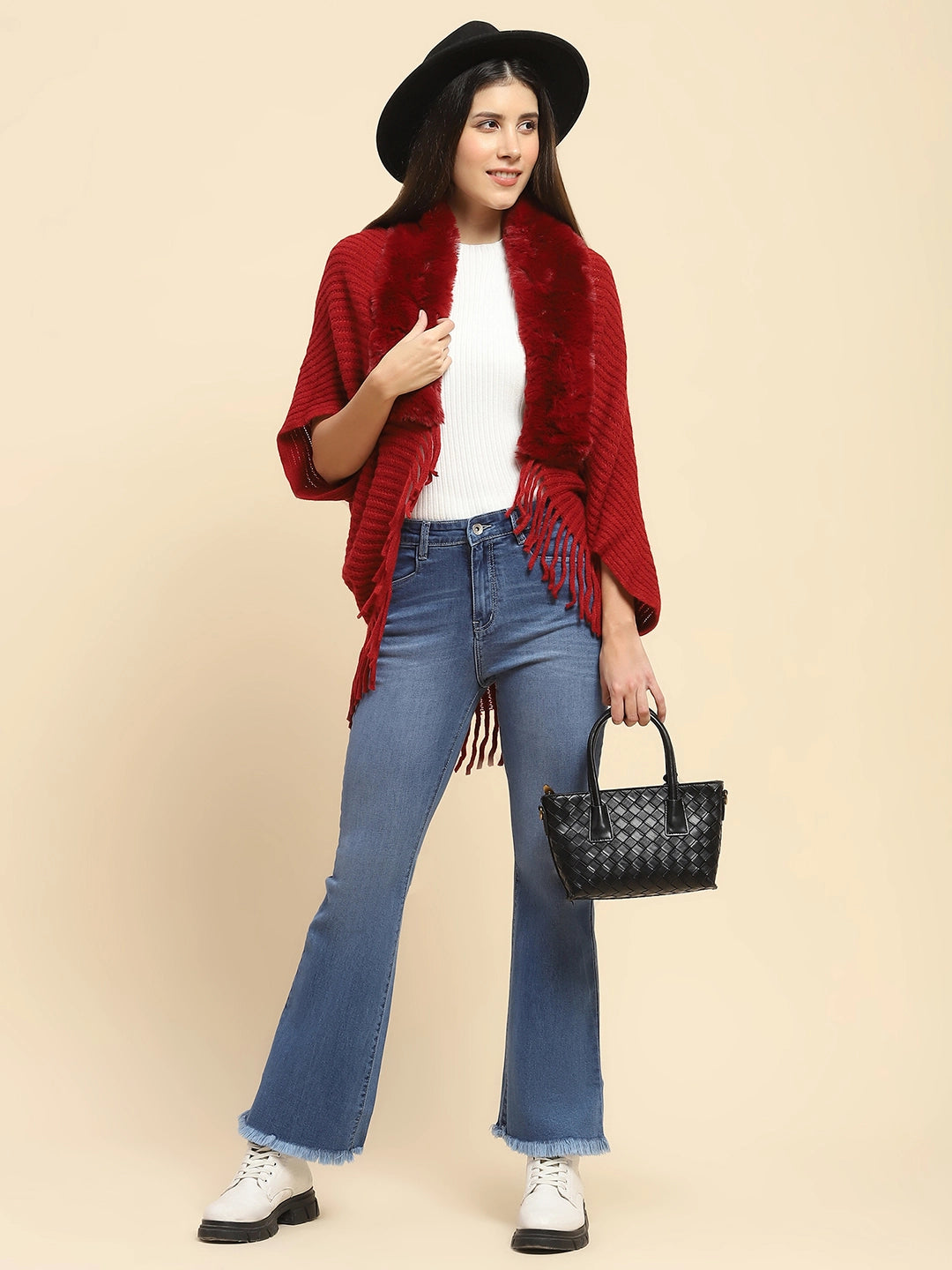 Maroon Acrylic Knitted Cape - Global Republic