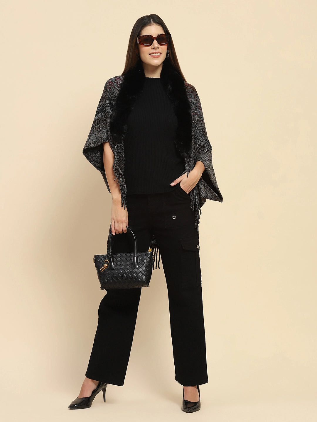 Black Mélange Acrylic Knitted Cape - Global Republic