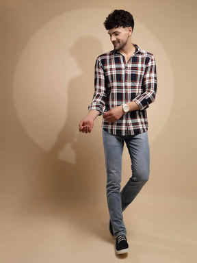 Multicolor Block Print Full Sleeve Collared Neck Linen Check Shirt