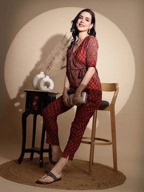 Red Embellished Cotton Tunic Set