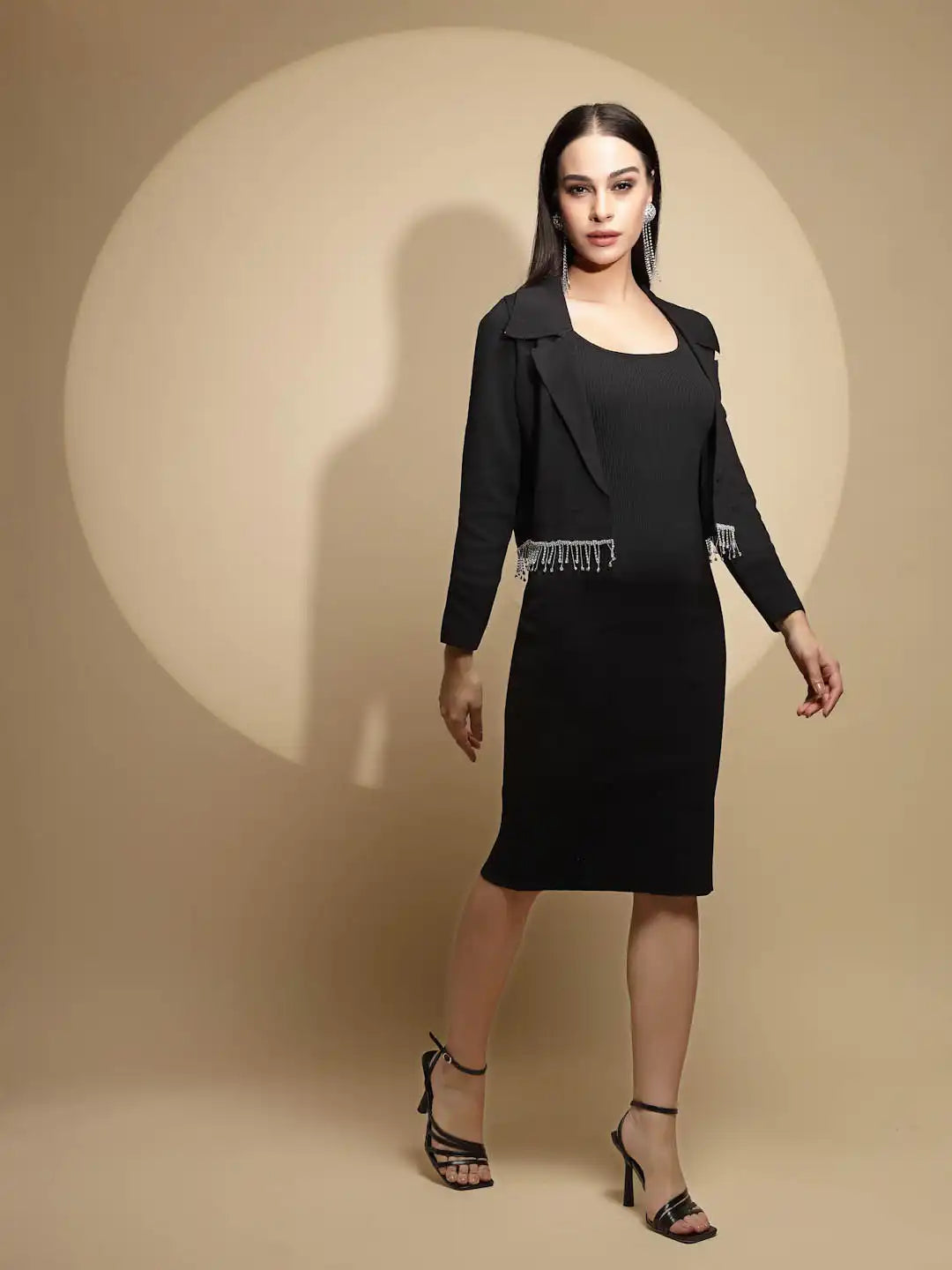 Black Solid Full Sleeve Collar Neck Woolen Bodycon Winter Dress With Jacket