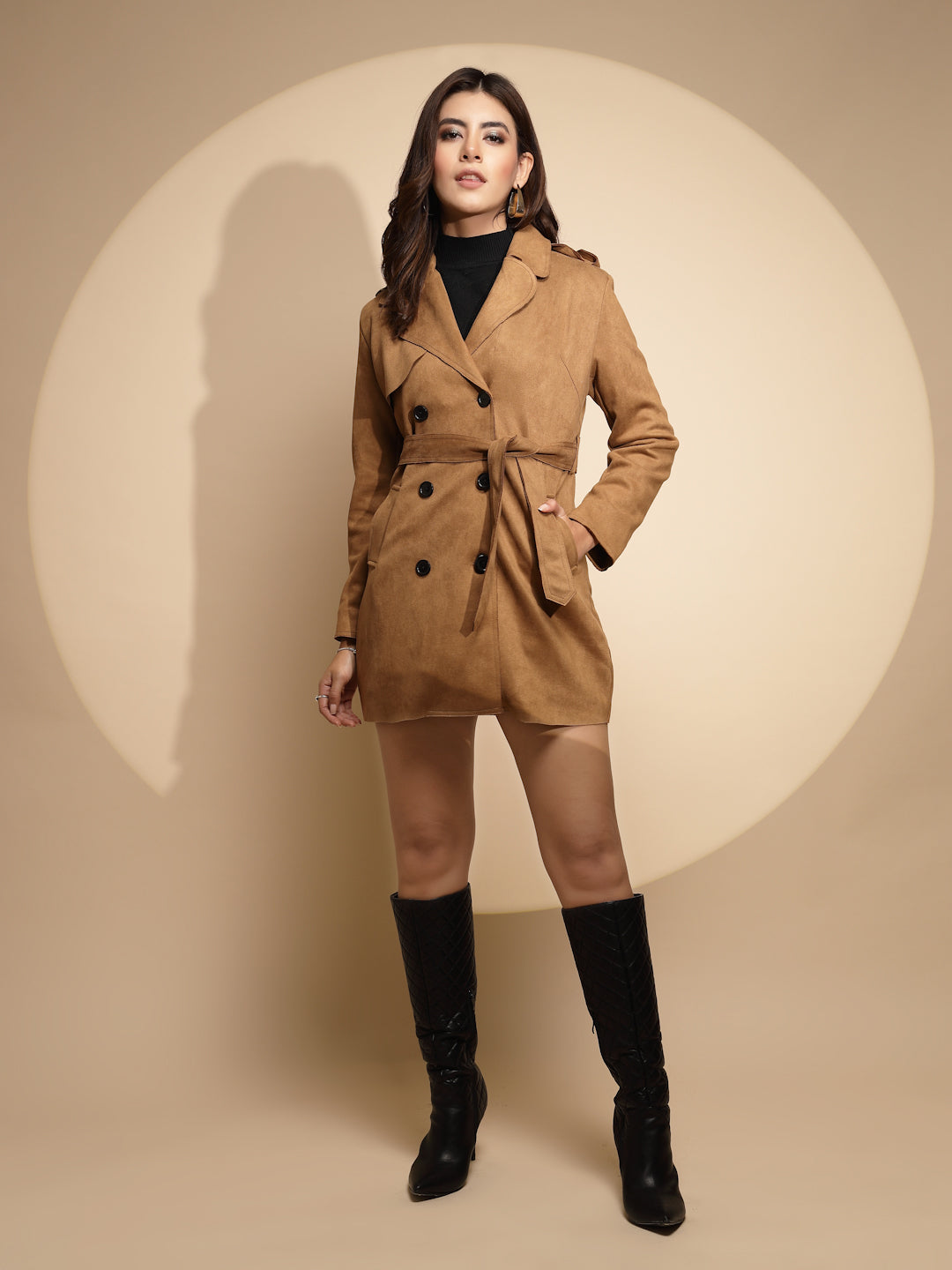 Women Brown Solid Collared Neck Full Sleeve Wool Blend Coat