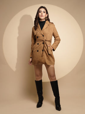 Women Brown Solid Collared Neck Full Sleeve Wool Blend Coat