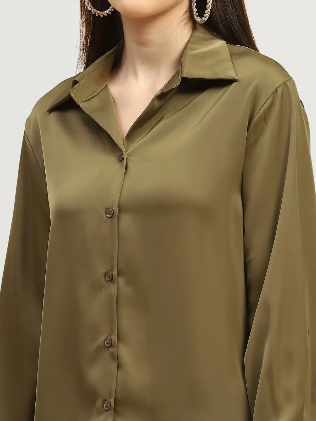 Olive Solid Satin Relaxed Fit Shirt