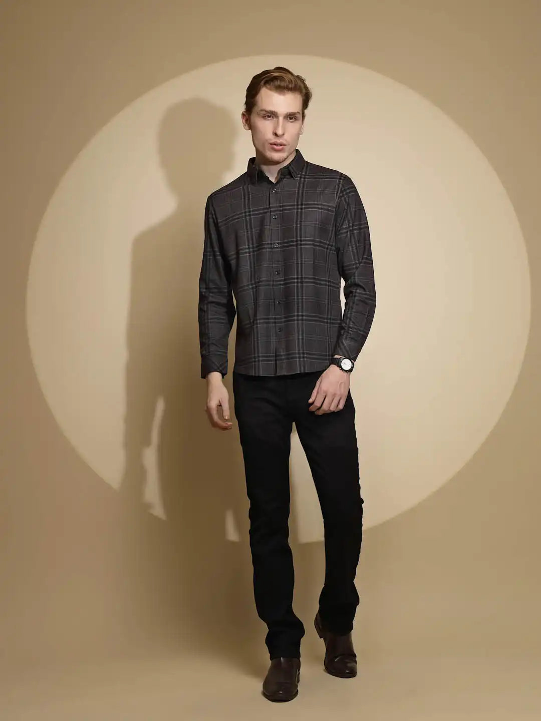 Dark Grey Checkered Full Sleeve Collared Neck Shirt - Global Republic