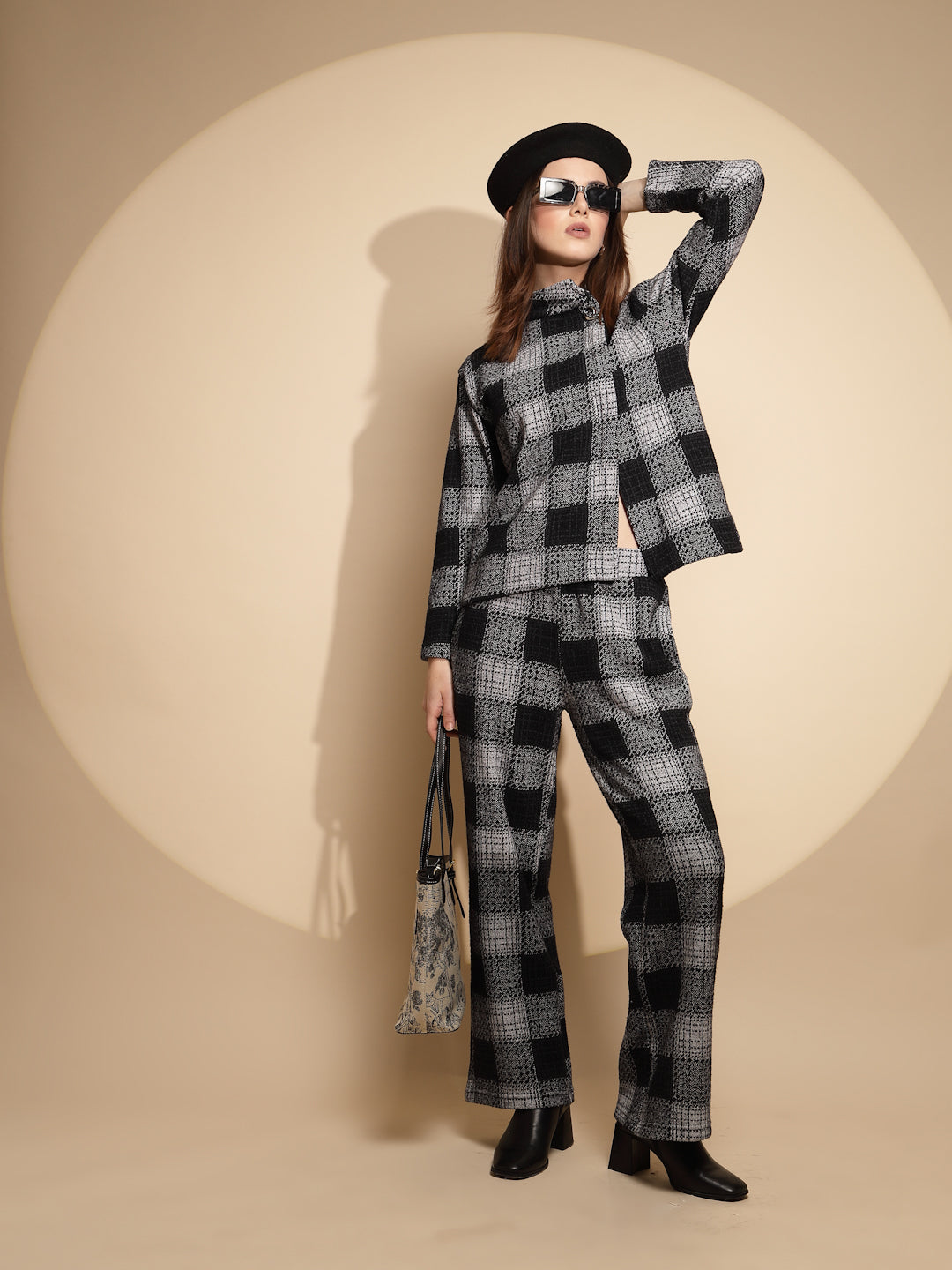 Women Black Checkered Turtle Neck Full Sleeve Loose fit Co-ord Set