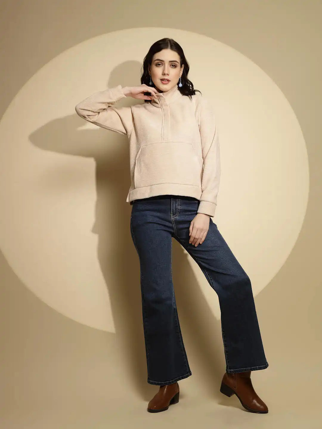 Beige Solid Full Sleeve Turtle Neck Fleece Sweatshirt