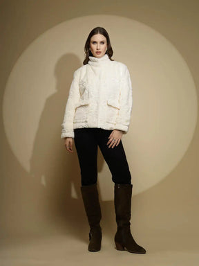 White Embroidered Full Sleeve Turtle Neck Woolen Jacket