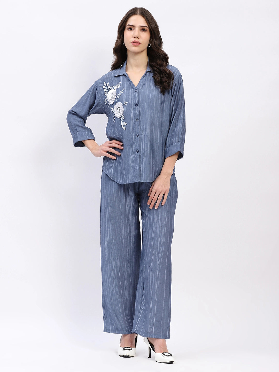 Embellished Striped Viscose Co-ord Set