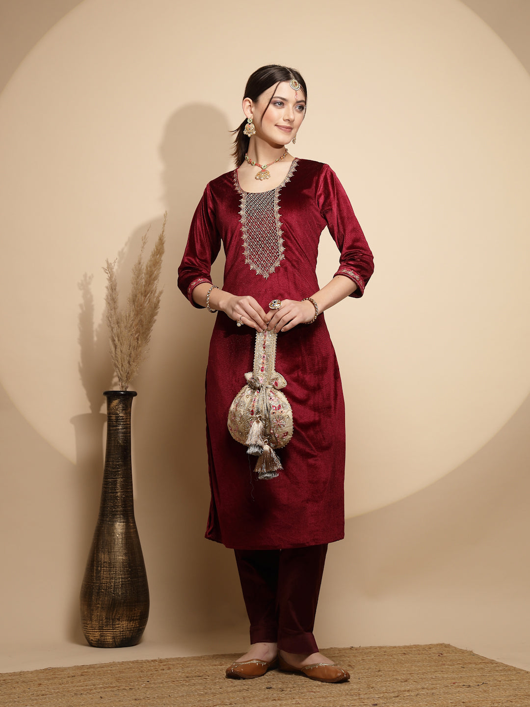 Maroon Embellished Three Quarter Round Neck Velvet Kurta For Women