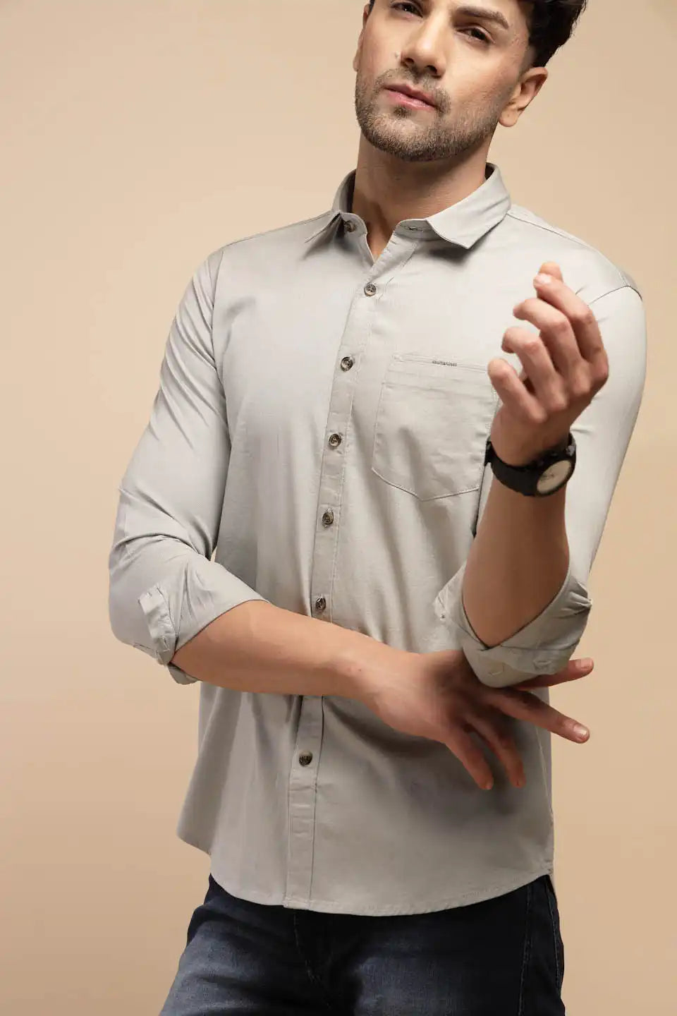 Grey Solid Full Sleeve Collared Neck Cotton Blend Shirt - Global Republic
