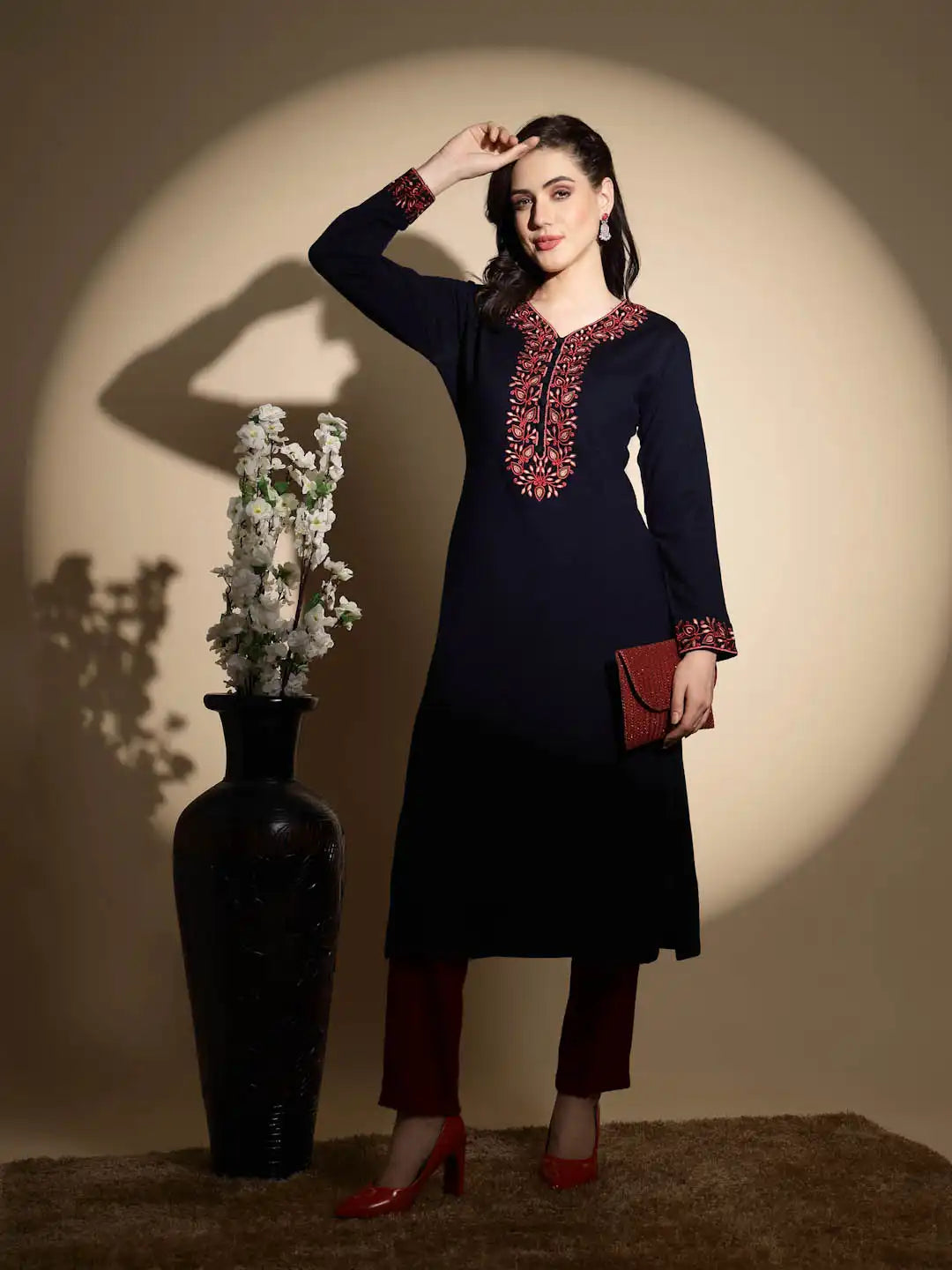 Royal Blue Embroidered Full Sleeves Raglan Cut Crew Neck Woolen Kurta