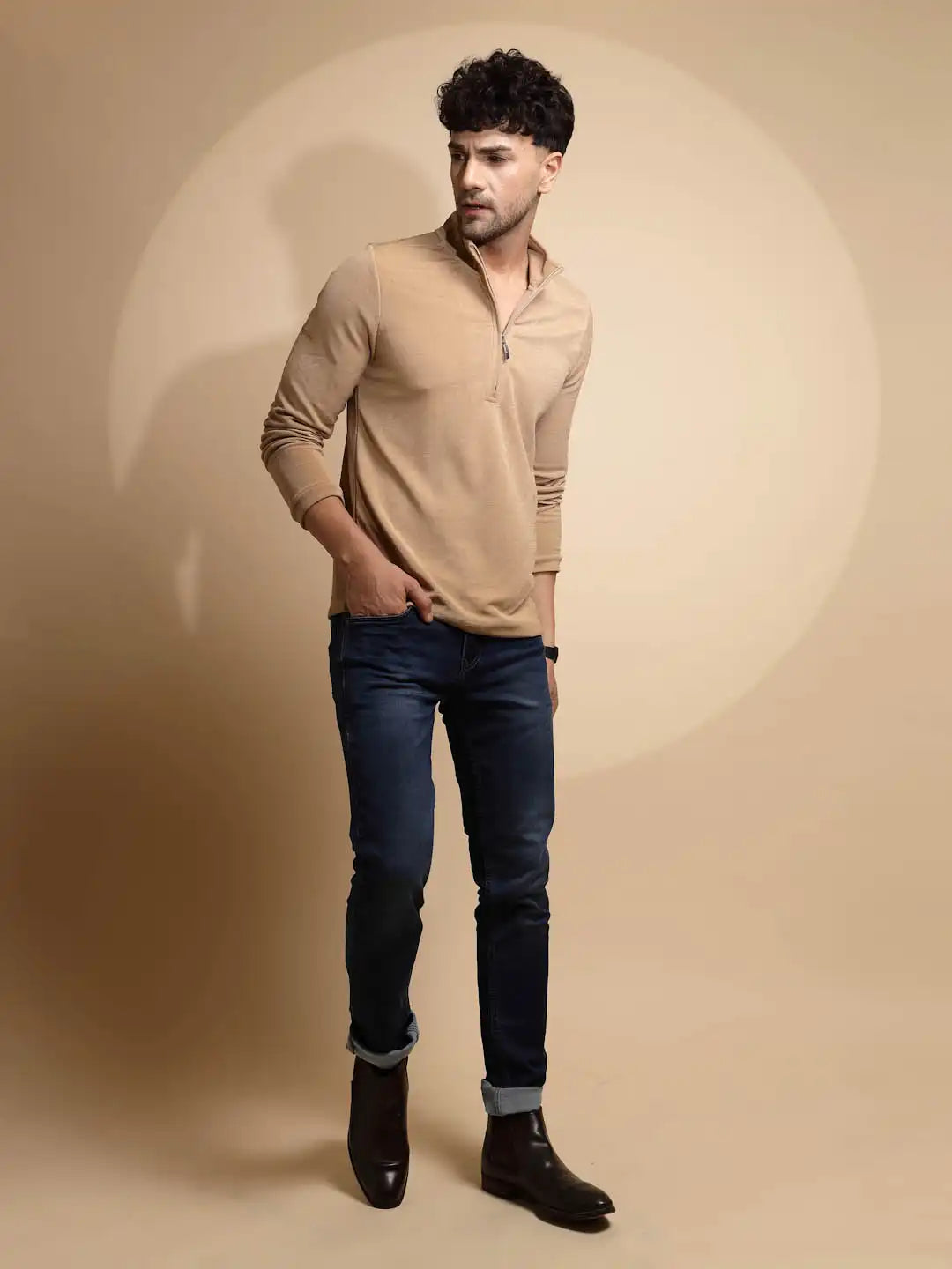 Beige Solid Full Sleeve Collared Neck Polyester T-Shirt