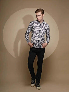 Black & White Abstract Print Full Sleeve Satin Lycra Shirt