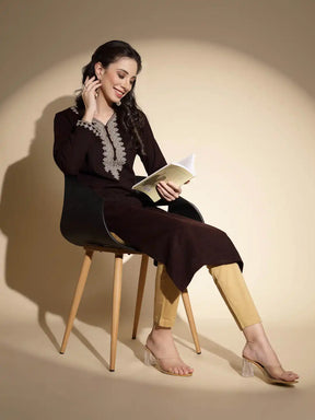 Wine Embroidered Full Sleeve Raglan Cut Crew Neck Woolen Kurta