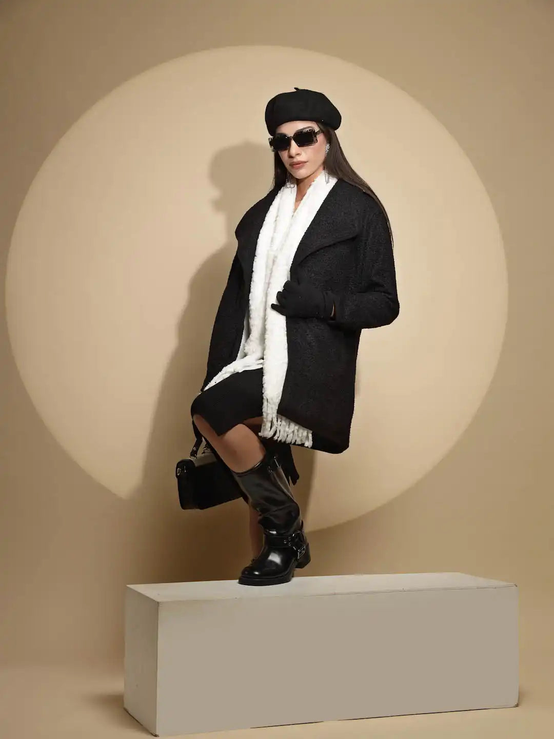 Black Solid Full Sleeve Collar Neck Knitted Winter Shrug - Global Republic
