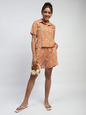 Orange Rayon Floral Nightsuit