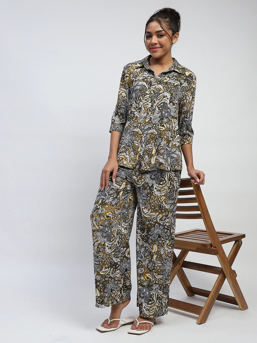Olive Rayon Floral Nightsuit