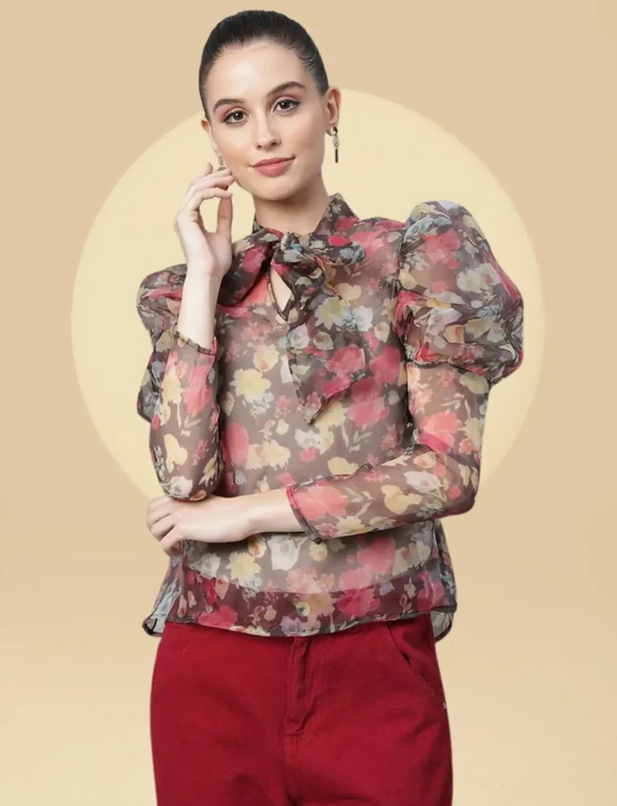 Brown Floral Puffed Sleeves Top