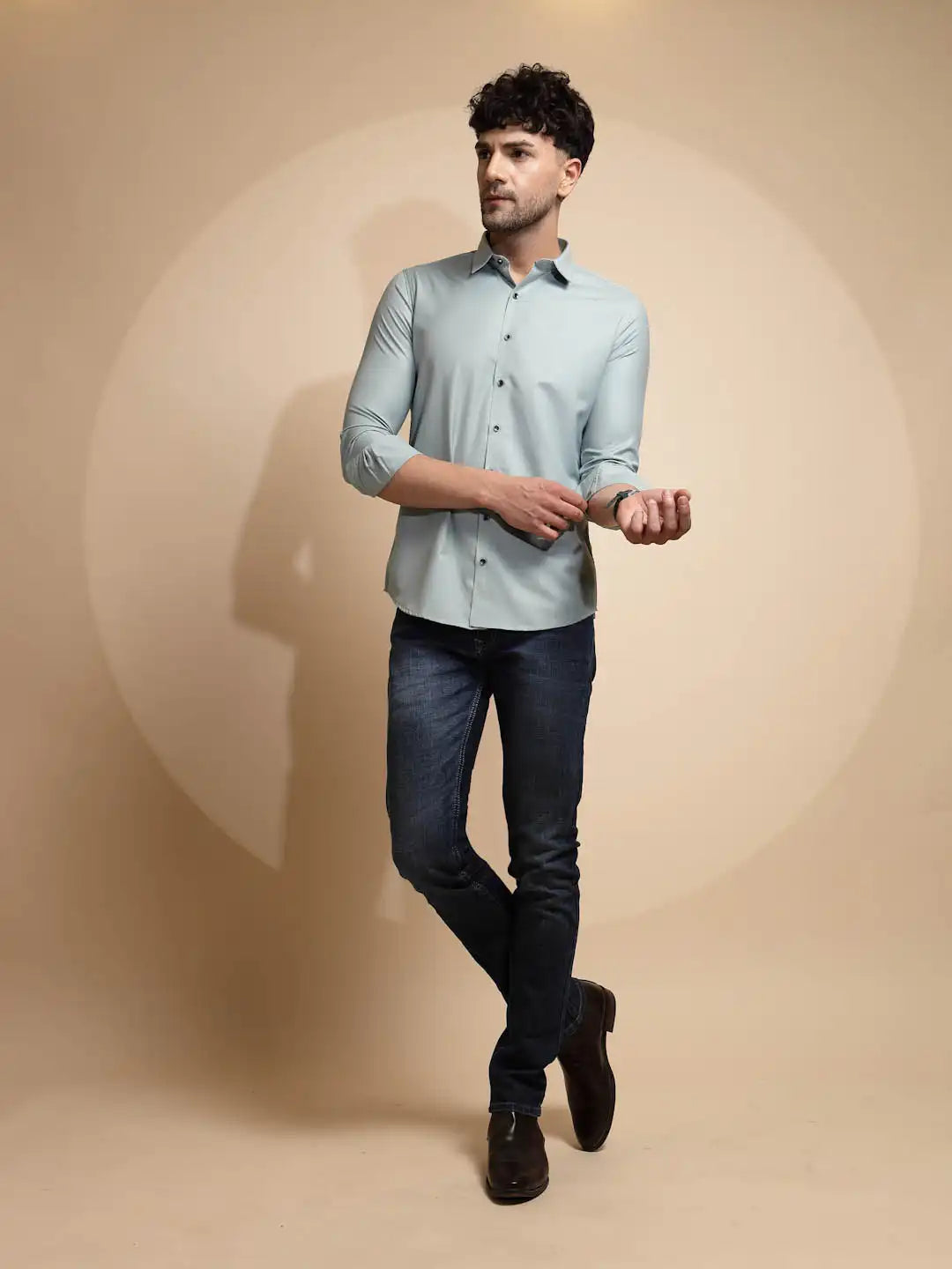 Blue Solid Full Sleeve Collar Neck Cotton Blend Shirt