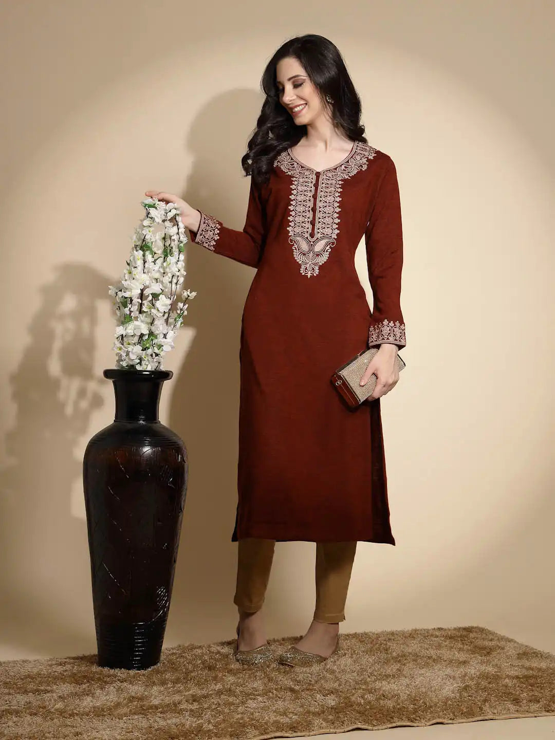 Rust Embroidered Full Sleeves Raglan Cut Crew Neck Woolen Kurta - Global Republic