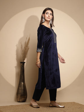 Navy Blue Embellished Full Sleeve Round Neck Velvet Kurta For Women