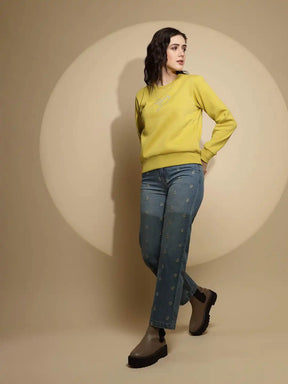 Solid Mustard Full Sleeve Round Neck Acrylic Sweatshirt