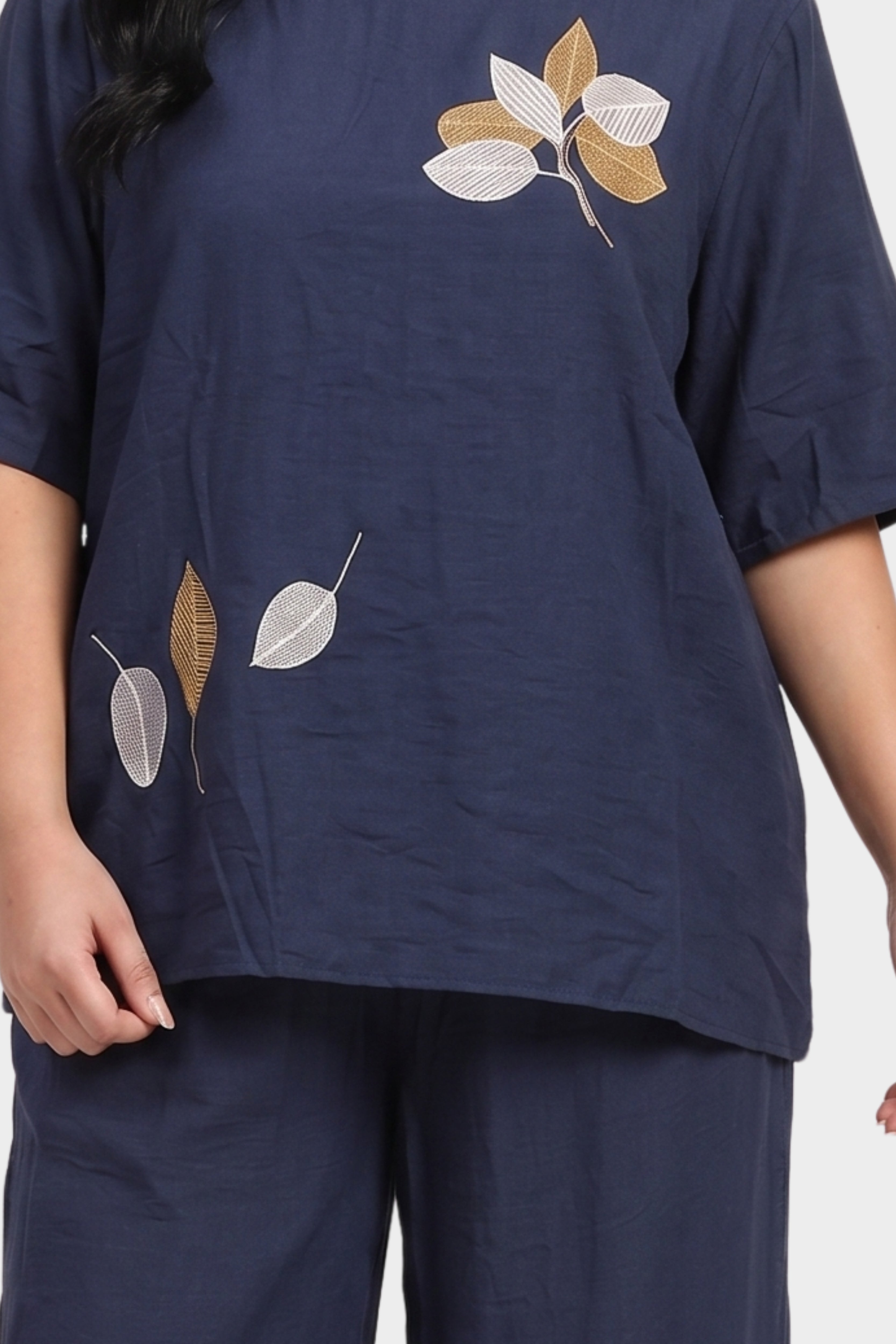 Navy Blue Leaf Embroidered Lounge Wear Set