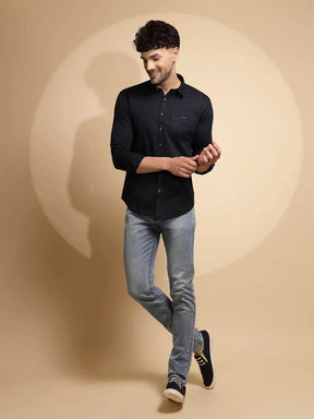 Blue Solid Full Sleeve Collared Neck Cotton Blend Shirt