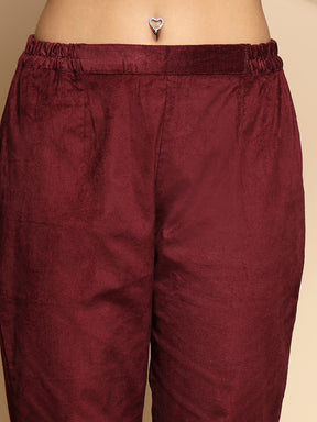 Wine Solid Woolen Blend High Rise Regular fit Pants For Women