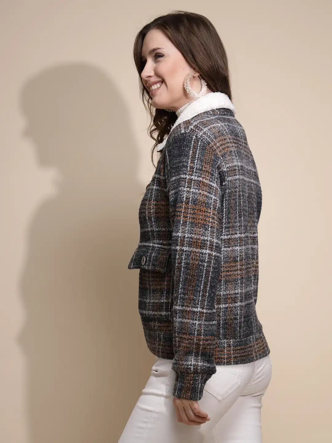 Women Grey Check Full Sleeve Collared Neck Fleece Sweatshirt - Global Republic