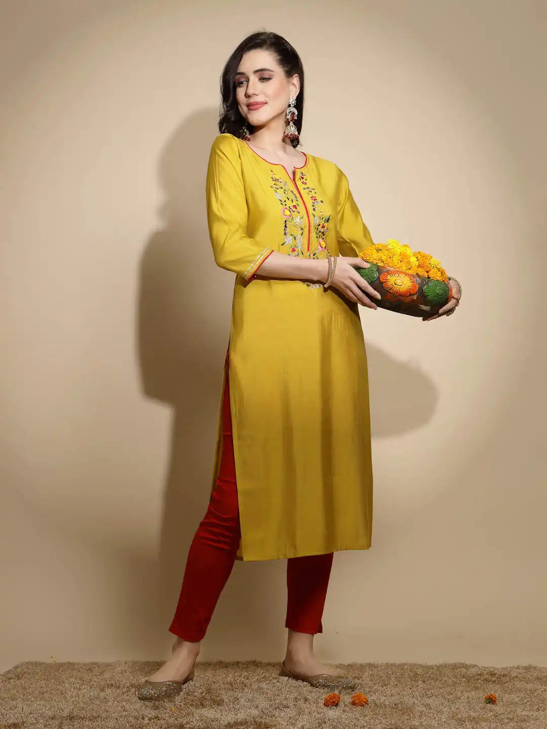 Mustard Embroidered Three Quarter Sleeves Round With V-Neck Cotton Blend Kurta