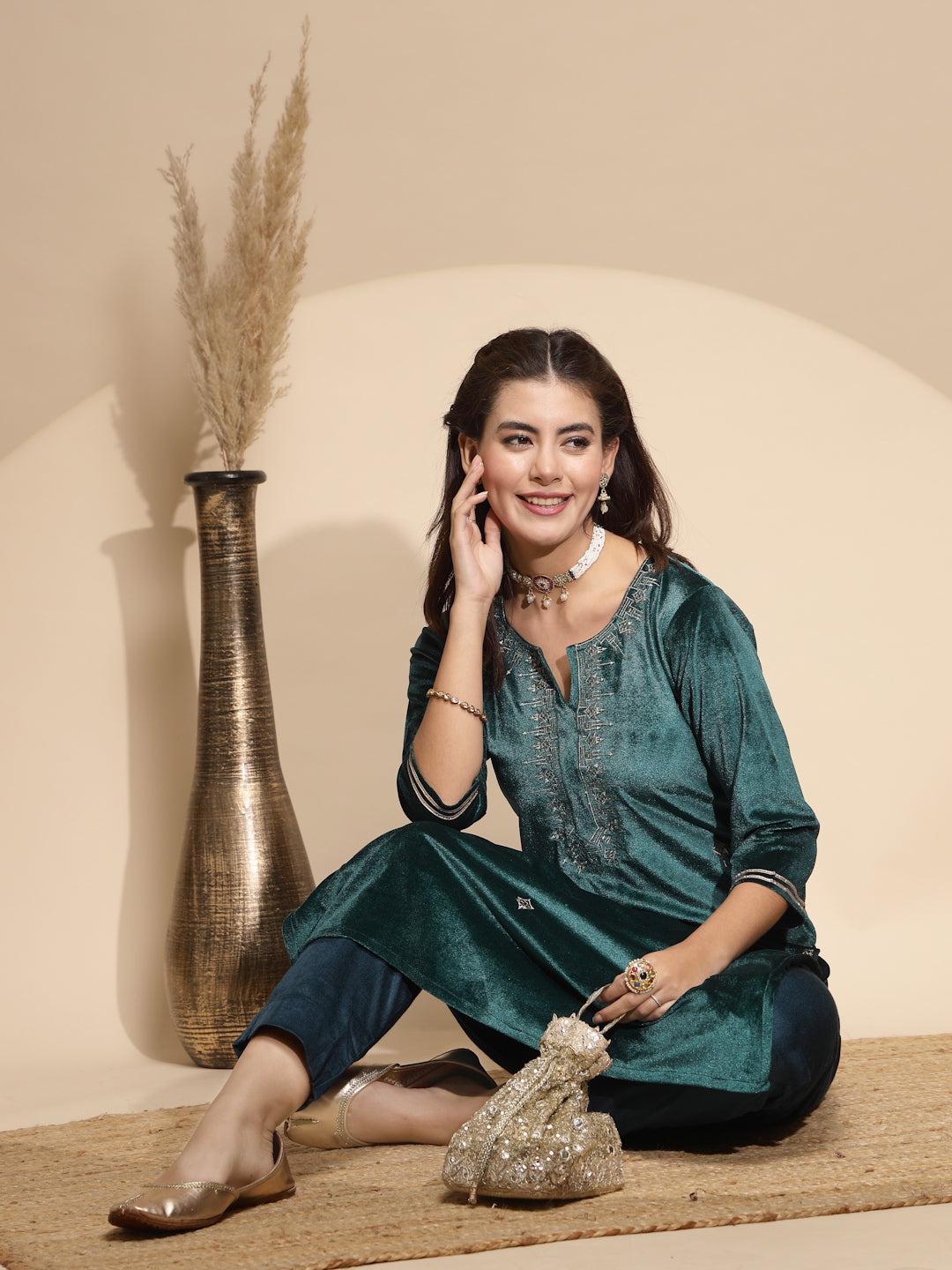 Green Embroidery Full Sleeve V-Neck With Velvet Kurta For Women