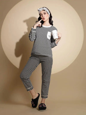 Black Hosiery Abstract Print Top & Pyjama Night Suit Set