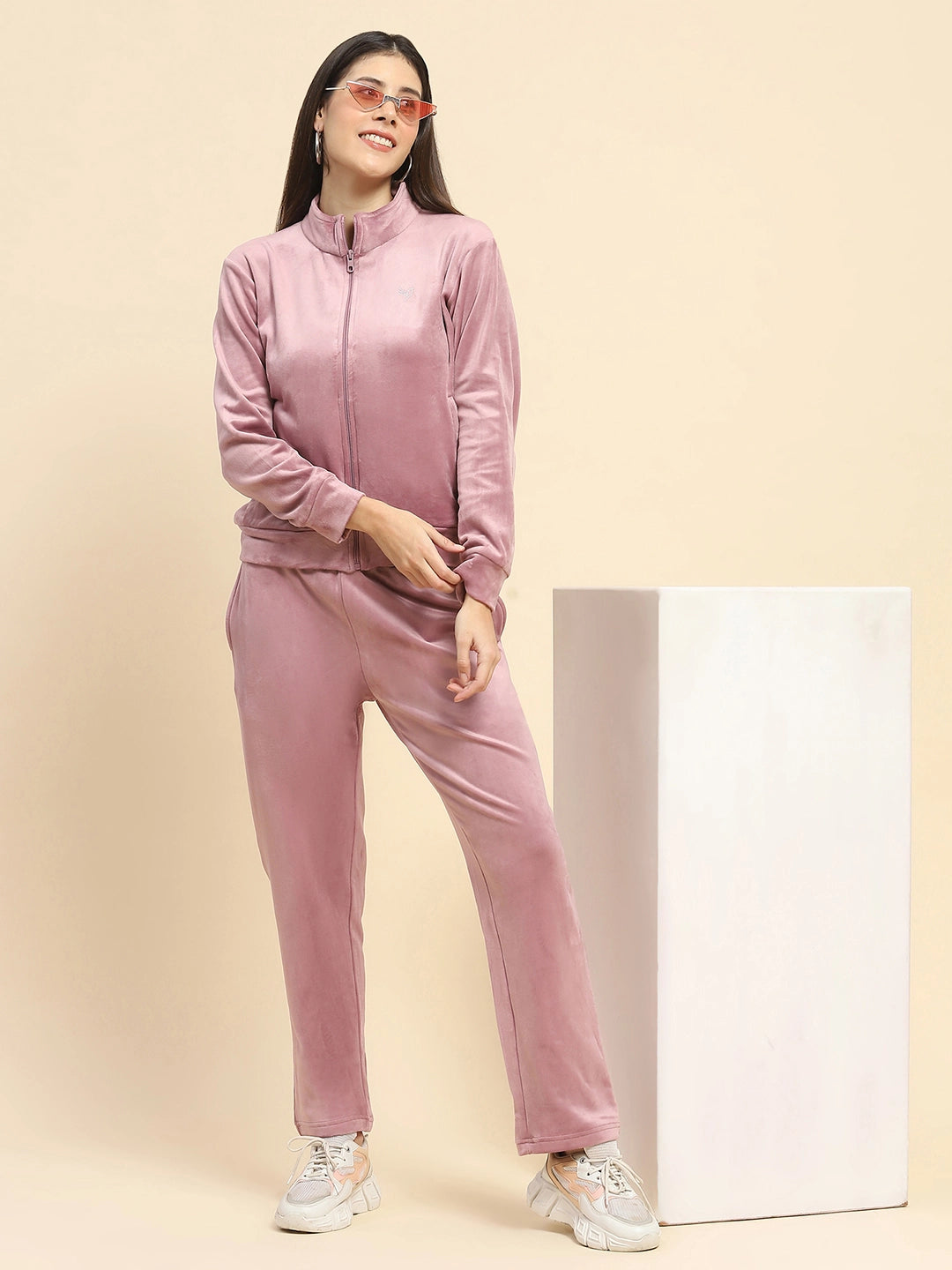 Velvet Warm Suits For Ladies Mauve Velvet Relaxed Winter Nightsuit